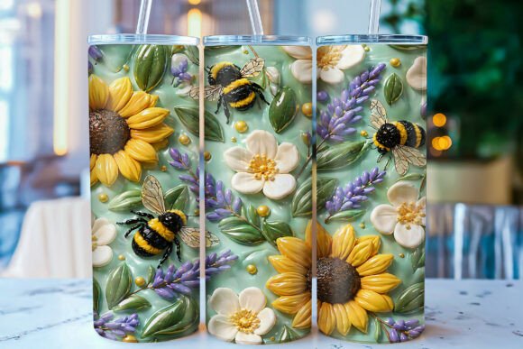 3D Bee Sunflower 20oz Tumbler Wrap PNG