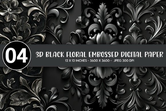 3D Black Floral Embossed Digital Paper for Versatile Design Projects