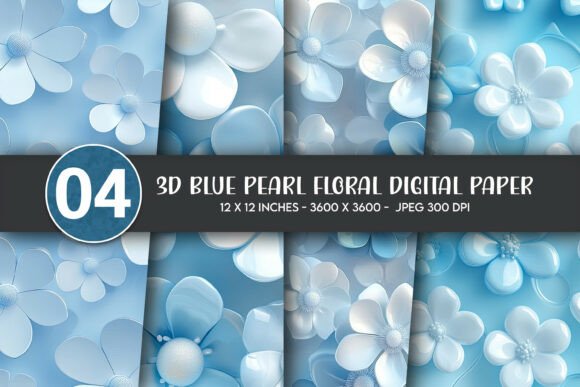 3D Blue Pearl Floral Digital Paper