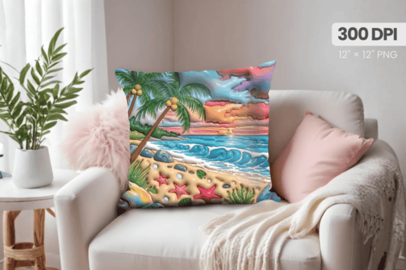 3D Puff Summer Beach Scene Pillow PNG