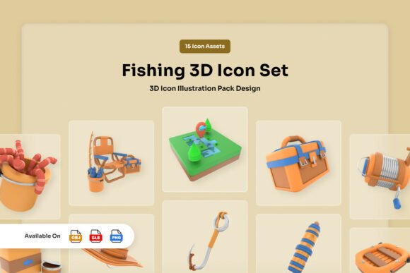 Fishing 3D Icon Set Outdoor Adventure – A Designer’s Go-To for Nature-Inspired Visuals